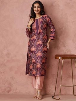 Fabindia - Purple Cotton Silk Floral Printed Long Kurta