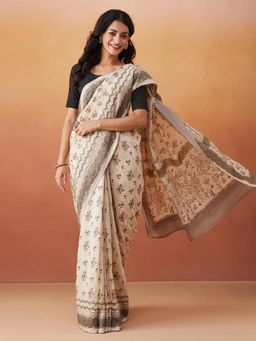 Fabindia - Off White Viscose Hand Floral Printed Sari
