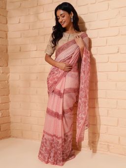 Fabindia - Peach Cotton Silk Hand Floral Printed Sari