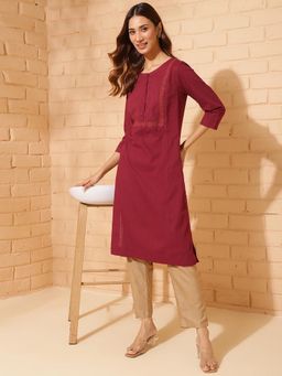 Fabindia - Maroon Cotton Blend Embroidered Long Kurta
