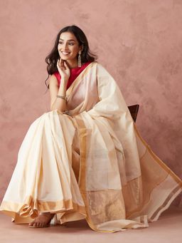 Fabindia - Cream Cotton Woven Sari