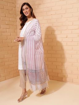 Fabindia - White Cotton Silk Blend Hand Block Printed Dupatta