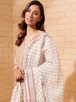Fabindia - Off White Cotton Blend Hand Block Printed Dupatta