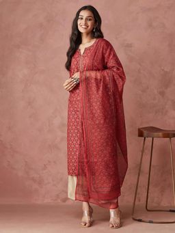 Fabindia - Red Cotton Printed Kurta With Dupatta (Set of 2)