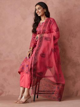 Fabindia - Pink Cotton Floral Printed Dupatta Kurta Set (Set of 3)