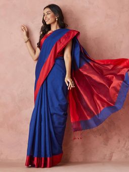 Fabindia - Navy Cotton Silk Blend Woven Sari