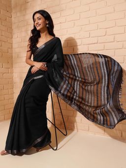 Fabindia - Black Silk Blend Woven Sari