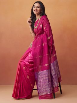 Fabindia - Pink Cotton Silk Blend Banarsi Woven Sari
