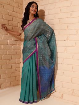 Fabindia - Teal Silk Woven Sari