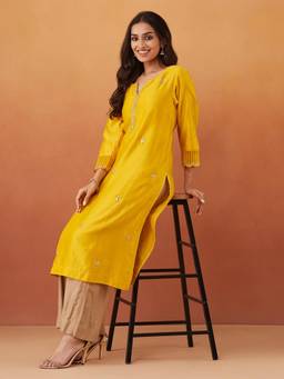 Fabindia - Yellow Cotton Silk Embroidered Long Kurta