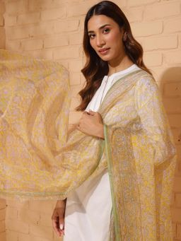Fabindia - Yellow Cotton Silk Hand Block Printed Dupatta