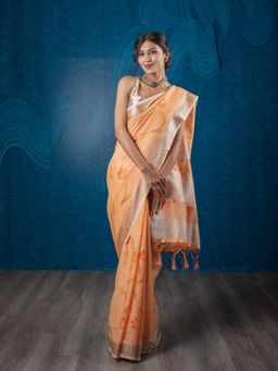 EXCLUSIVA - Orange Linen Woven & Silver Zari Border Saree with Unstitched Blouse