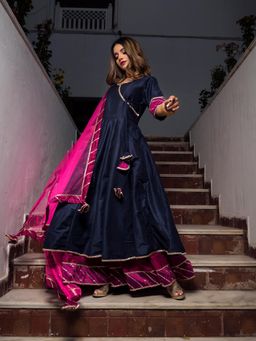 POMCHA - Royal Blue Rani Pink Cotton Silk Angrakha (Set of 3)