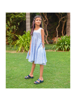 PiccoRicco - Sky Blue Floral A Line Dress with Pockets