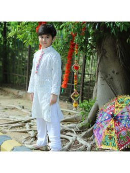 PiccoRicco - White Georgette Mirror Work Kurta with Churidar (Set of 2)