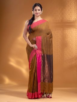 Arhi - Peanut Brown Pure Cotton Woven Design Soft Saree with Zari Pallu