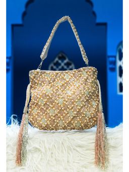 NR by Nidhi Rathi - Gold-Toned & White Embroidered Purse Clutch