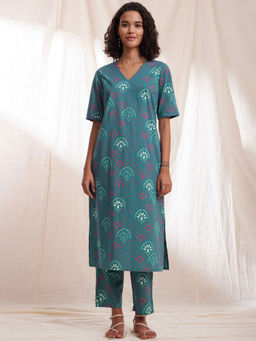Pink Fort - Cotton Ethnic Print Straight Kurta - Teal