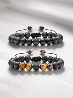 Jewels Galaxy - Men Black and Brown Tigers Eye and Lava Stone Adjustable Bracelets