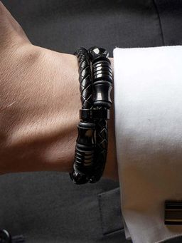 Jewels Galaxy - Men Black Latest Style Leather Layered Bracelet
