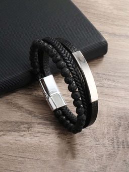 Jewels Galaxy - Men Black Latest Style Leather Multi-Layered Bracelet