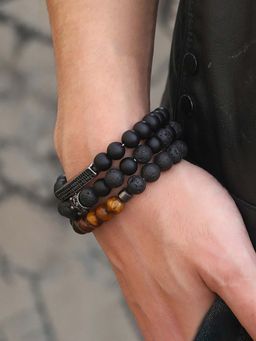 Jewels Galaxy - Men Black and Brown Crystal Studded Volcanic Lava Beads Crown Bracelet