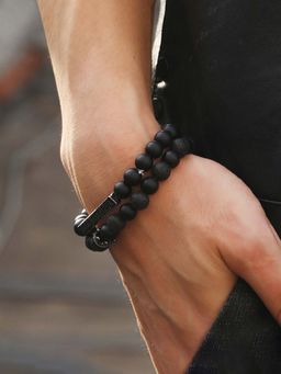 Jewels Galaxy - Men Silver Plated Crystal Volcanic Lava Beads Crown Bracelet