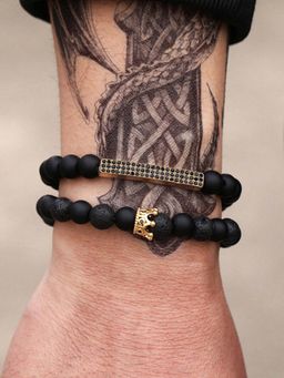 Jewels Galaxy - Men Gold Plated Crystal Volcanic Lava Beads Crown Bracelet