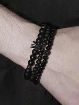 Jewels Galaxy - Men Black Crystal Studded Crown Beads Bracelet