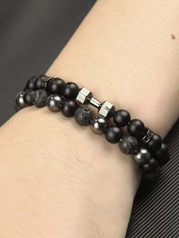 Jewels Galaxy - Men Black Volcanic Lava Beads Dumbbell Fitness Barbell Bracelet
