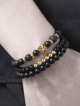 Jewels Galaxy - Men Gold Plated Volcanic Lava Beads Lion Head Bracelet