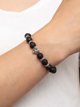 Jewels Galaxy - Men Silver Plated Volcanic Lava Beads Lion Head Bracelet