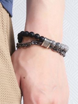 Jewels Galaxy - Men Silver Plated Grey and Black Beads Chain Bracelet