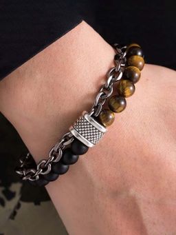 Jewels Galaxy - Men Silver Plated Brown and Black Spiritual Beads Chain Bracelet