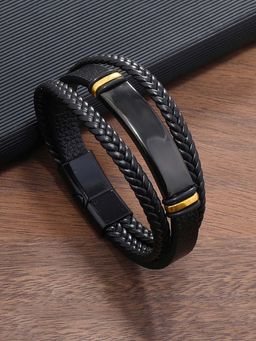 Jewels Galaxy - Men Gold and Black Latest Style Leather Multi Layered Bracelet