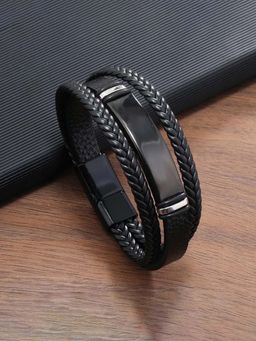 Jewels Galaxy - Men Silver and Black Latest Style Leather Multi Layered Bracelet