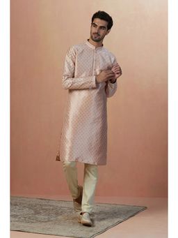 Manyavar - Peach Art Silk All Over Self Design Kurta (Set of 2)