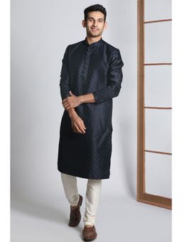 Manyavar - Blue Art Silk All Over Self Design Kurta (Set of 2)