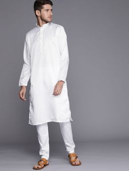 Manyavar - White Satin Solid Kurta (Set of 2)