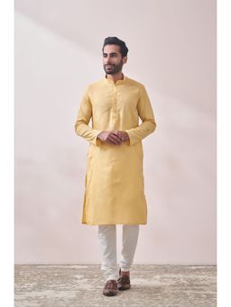 Manyavar - Yellow Cotton Solid Kurta (Set of 2)