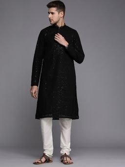 Manyavar - Black Georgette All Over Self Design Kurta (Set of 2)
