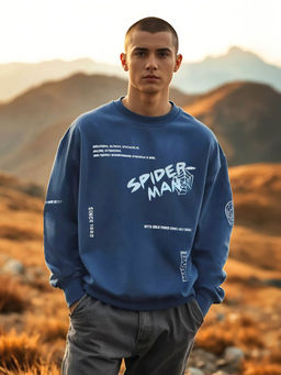 Bewakoof - Heavy Duty 1.0 Official Marvel Men's Blue Spiderman Graphic Printed Oversized Sweatshirt