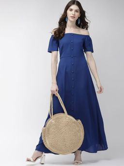 Twenty Dresses by Nykaa Fashion - Royal Blue Solid Off Shoulder Maxi Dress