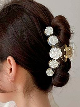 OOMPH - White Shimmer Rose Floral Large Big Hair Claw Clip
