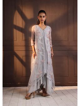 SMRITI - Grey Ethereal Bloom Asymmetric Ensemble Gown
