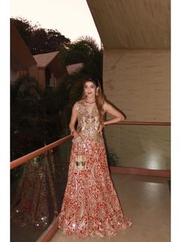 Twenty Nine - Women's Rust Mirrorwork Fish Cut Gilet And Lehenga With Dupatta