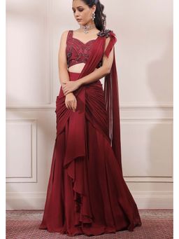 ISHA GUPTA TAYAL - Red Silk Embroidered Pre-draped Saree with Stitched Blouse