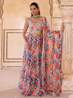 Bannhi by Priyanka Rathore - Multi-Colour Floral Sequined Lehenga With Blouse And Dupatta