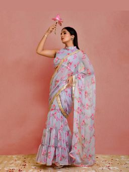 Bannhi by Priyanka Rathore - Floral Printed Lace Work Pre Drape Saree with Blouse with Stitched