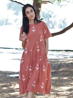 Chidiyaa - Peach Block printed Cotton Pleated Dress